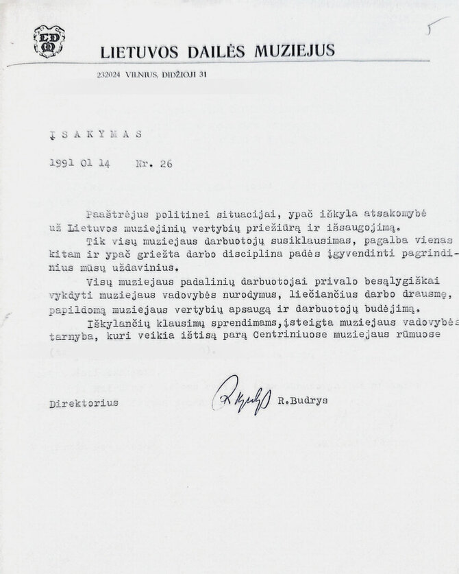 LNDM nuotr. /1991 01 14 Lietuvos dailės muziejaus įsakymas