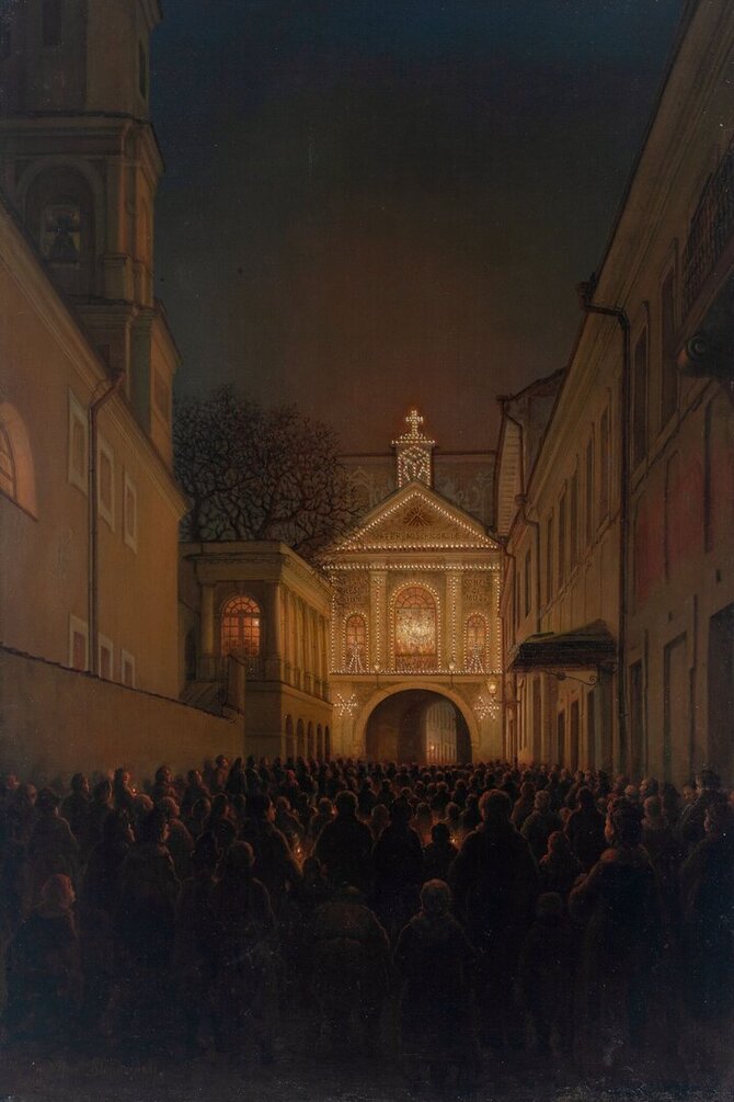 Lietuvos nacionalinio dailės muziejaus nuotr. /Vincentas Slendzinskis (1838–1909). Aušros vartai. 1889. Drobė, aliejus. Lietuvos nacionalinis dailės muziejus