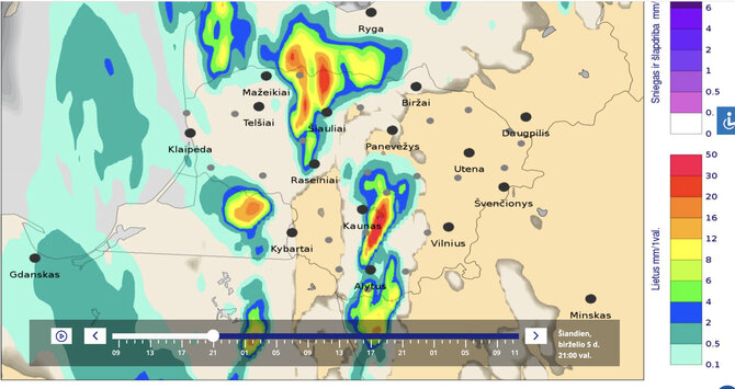 Meteo.lt/Lietaus kiekis Lietuvos rajonuose birželio 5 d., 21 val.