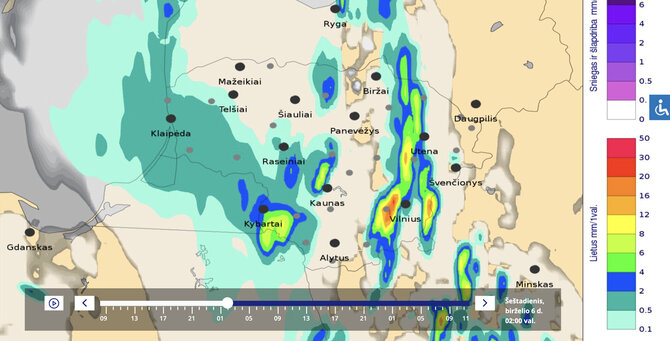 Meteo.lt/Lietaus kiekis Lietuvos rajonuose birželio 6 d., 2 val.