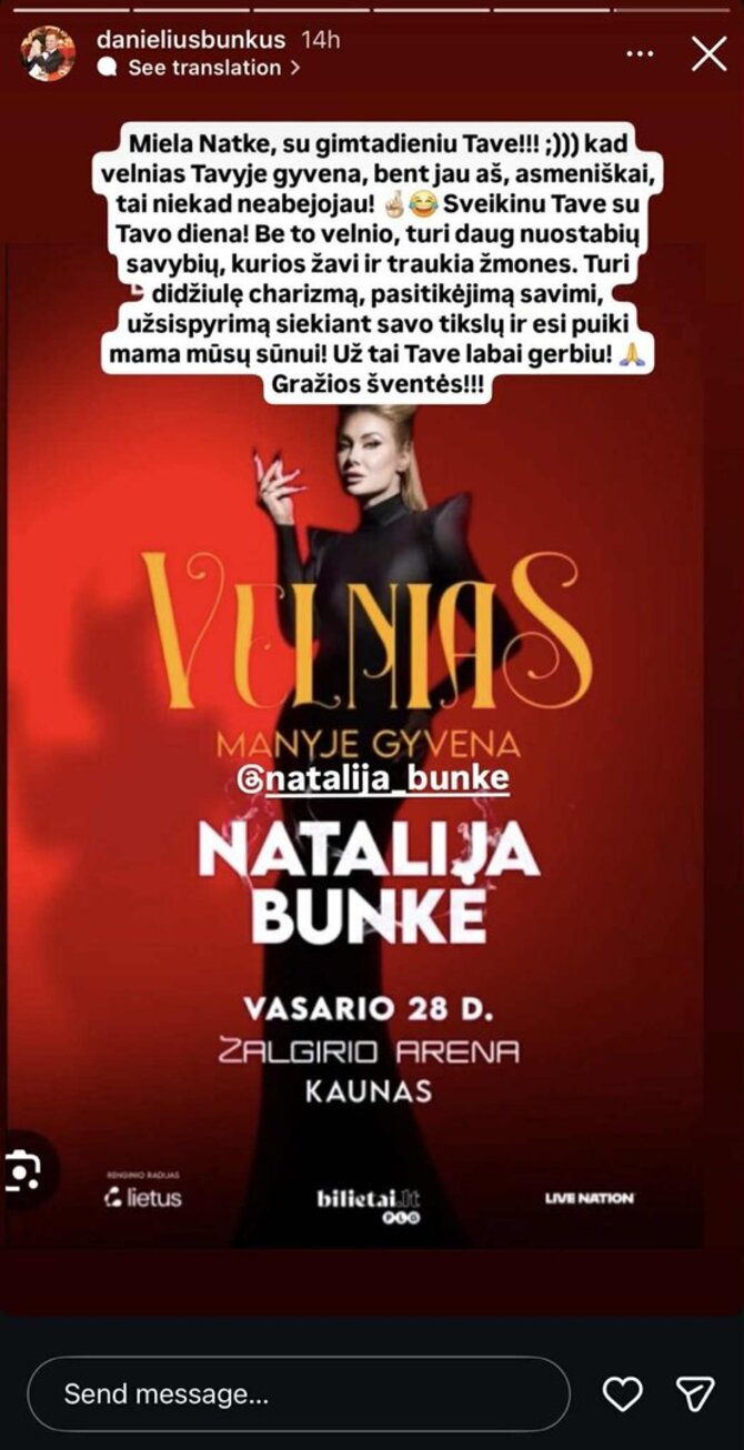 Soc. tinklų nuotr./Danieliaus Bunkaus sveikinimas Natalijai