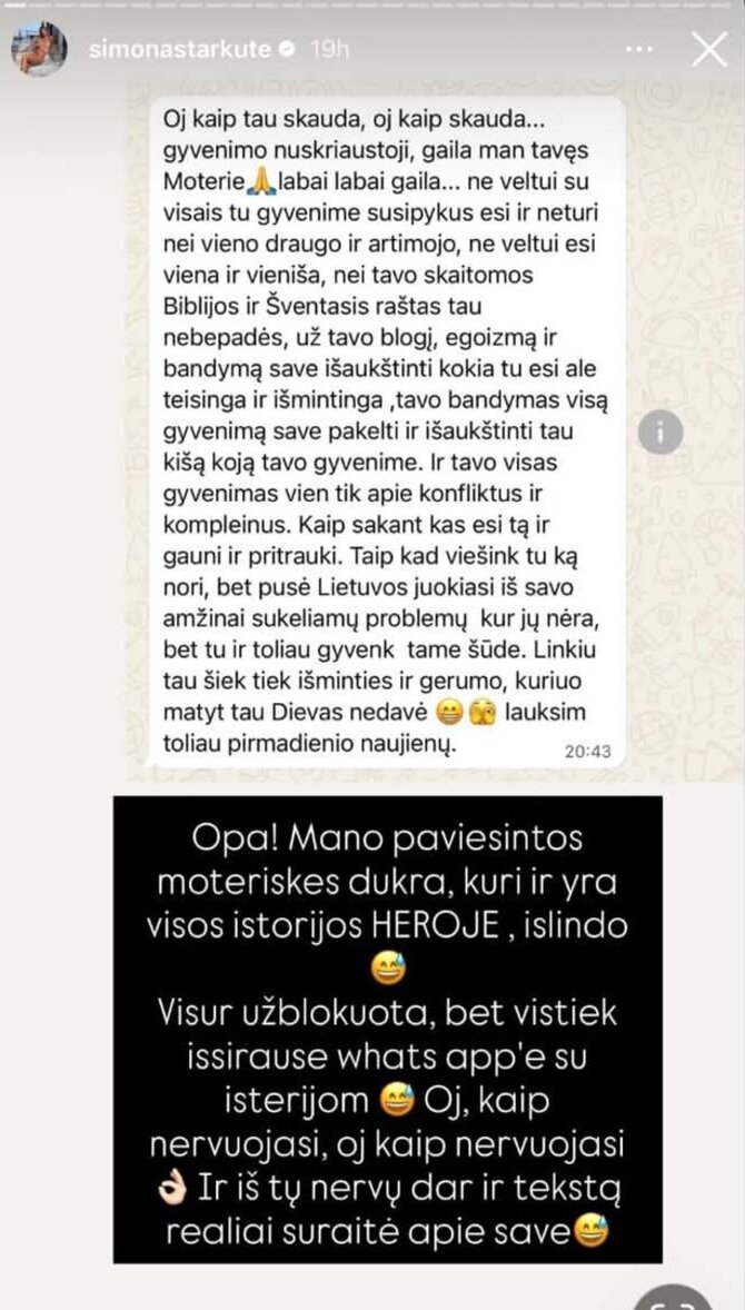 Soc. tinklų nuotr./Žinutė, kurios sulaukė Simona