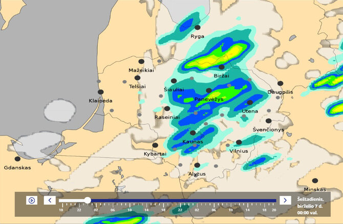 Meteo.lt nuotrauka/Penktadienio lietaus prognozė Kauno miestui