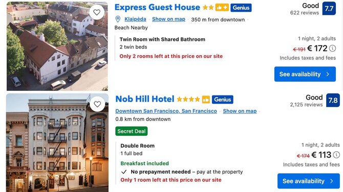 Booking.com nuotr./San Francisko ir Klaipėdos viešbučių kainų palyginimas