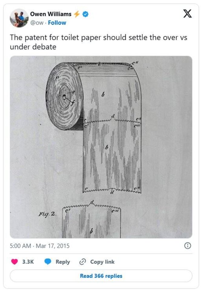 Tualetinio popieriaus patentas. Rašytojo Oweno Williamso paskyra X socialiniame tinkle