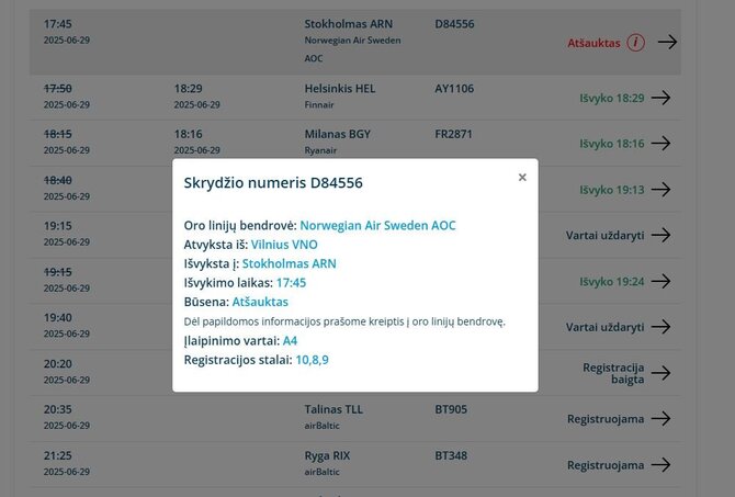 Atšauktas „Norwegian Air Sweden“ skrydis 2025-06-29