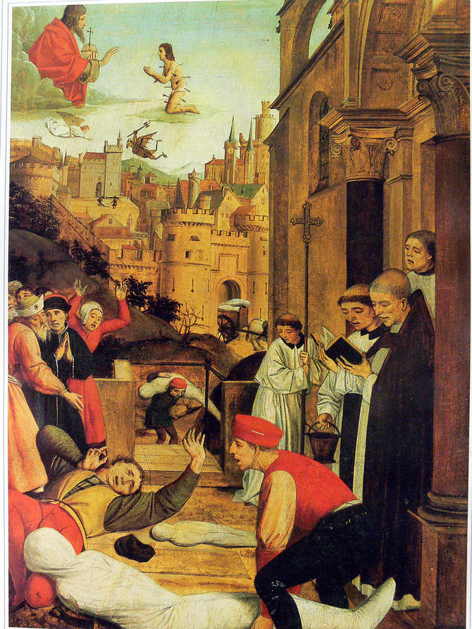 Wikipedia.org nuotr./Šv. Sebastijonas meldžią Jėzų išgelbėti duobkasio gyvybę siaučiant Justiniano marui. XV a. pabaigos nežinomo dailininko paveikslas