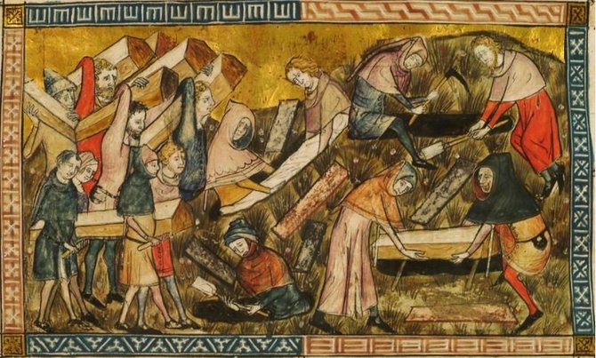 Wikipedia.org nuotr./Turnė miesto gyventojai laidoja maro aukas – Pierarto dou Tielto miniatūra (maždaug 1353 m.)