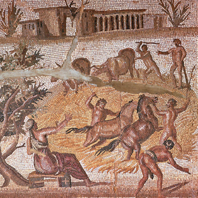 Wikipedia.org nuotr./Senovės Romos mozaika: laukuose dirbantys vergai