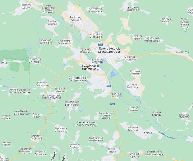 „Google Maps“ žemėlapis/Sjevjerodoneckas ir jo apylinkės