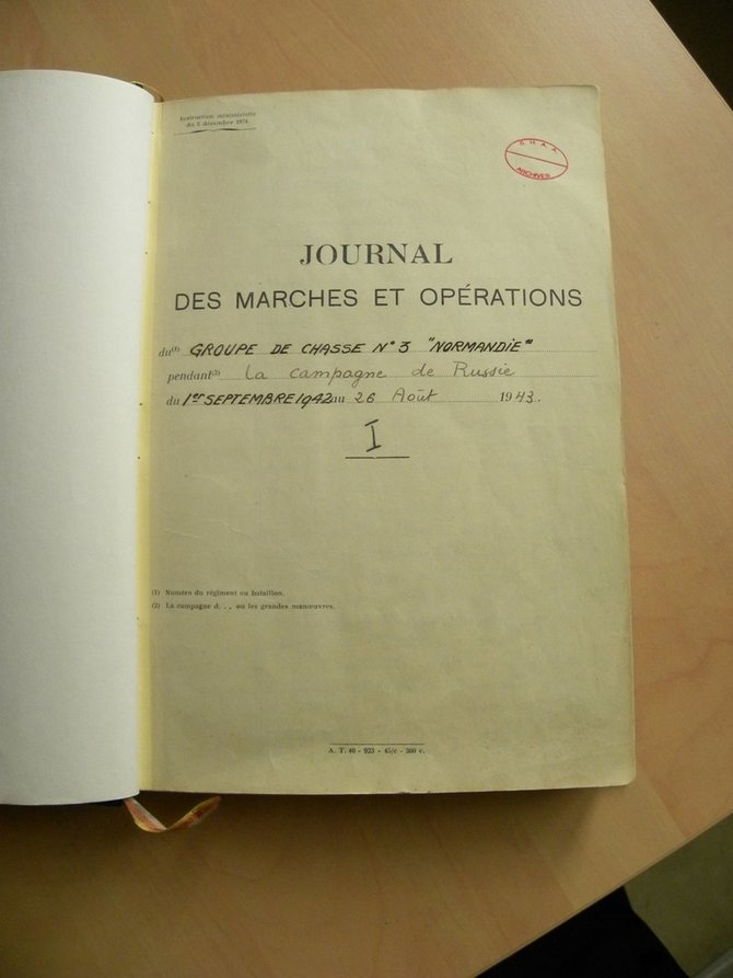 Archyvo Service Historique de la Défense nuotr./Pulko „Normandija“ Maršo žurnalo (Journal des marches et opérations) pirmojo tomo titulinis lapas