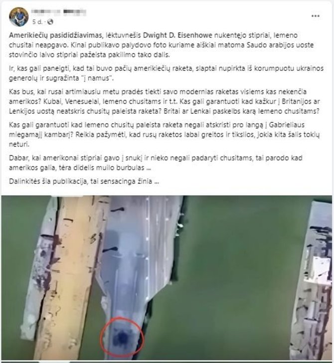 Ekrano nuotr. iš „Facebook“/Suklastota nuotrauka neva turėjo patvirtinti, kad husiams pavyko apgadinti amerikiečių lėktuvnešį