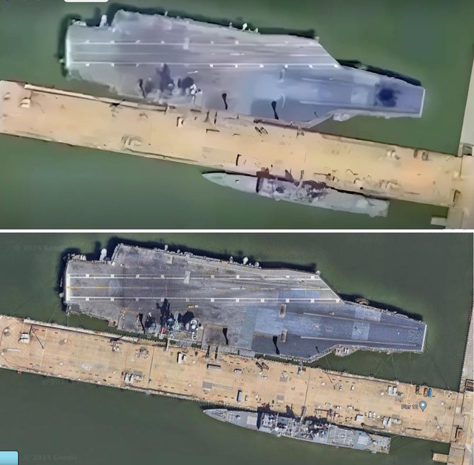 Klastotė (viršuje) ir tikra lėktuvnešio „Dwight D.Eisenhower“ nuotrauka iš „Google Maps“ (apačioje)