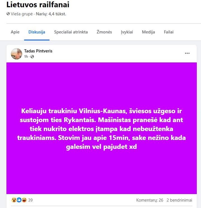 Ekrano nuotr. iš „Facebook“/Sutriko traukinių eismas