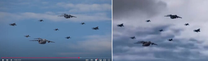 Ekrano nuotr. iš „Facebook“ ir „YouTube“/Vaizdų sugretinimas nepalieka abejonių, kad tariamas kinų skrydis į Gazos Ruožą (dešinėje) yra ne kas kita, kaip įrašo fragmentas iš aviacijos šou Japonijoje (kairėje).