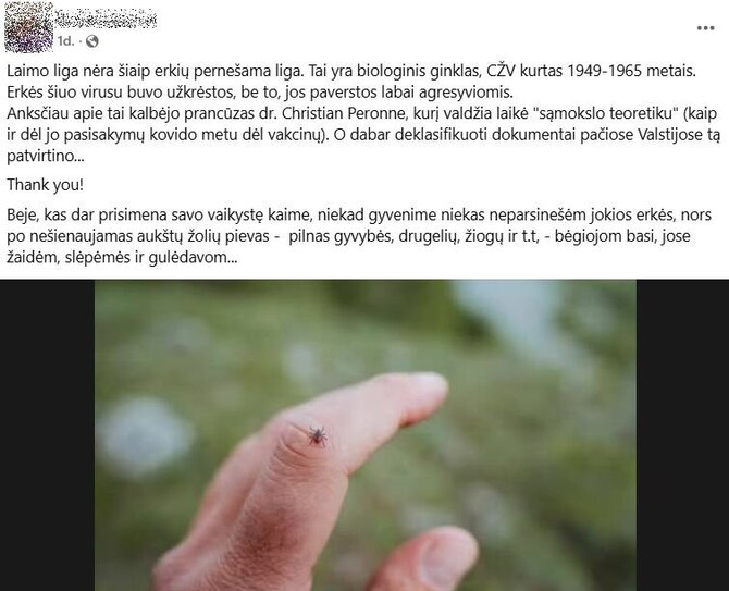 Ekrano nuotr. iš „Facebook“/Žinutė feisbuke apie Laimo ligą kaip biologinį ginklą