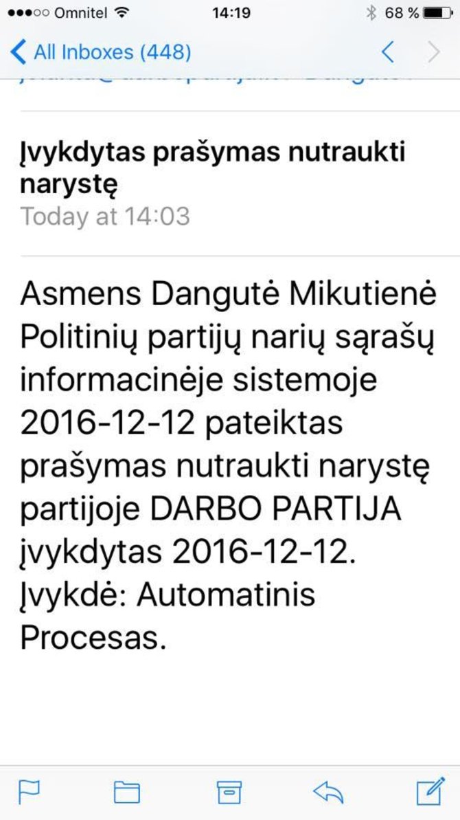 facebook.com/dangute.mikutiene nuotr./Dangutės Mikutienės paviešintas automatinis elektroninis laiškas