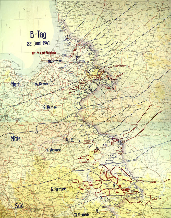 Wikipedia.org nuotr./Barbarosos operacijos žemėlapis. Vokietijos ir jos sąjungininkų pajėgų išsidėstymas 1941 m. birželio 22 d.
