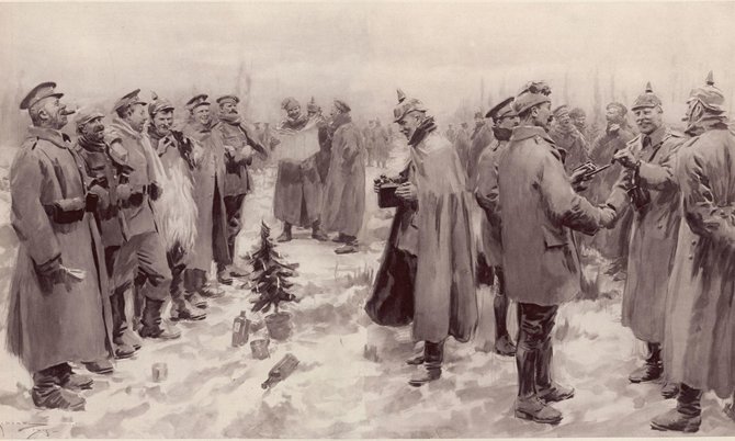 Wikipedia.org nuotr./1914 metų Kalėdų paliaubos, kaip jas pavaizdavo leidinio savaitraščio „The Illustrated London News“ dailininkas 1915 m. sausio 9 d. numeryje.