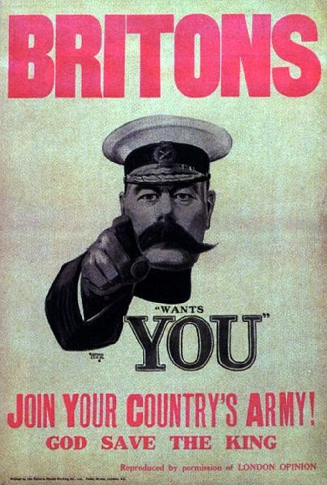 Wikipedia.org nuotr./Britiškasis savanorių verbavimo plakatas (1914 m.)