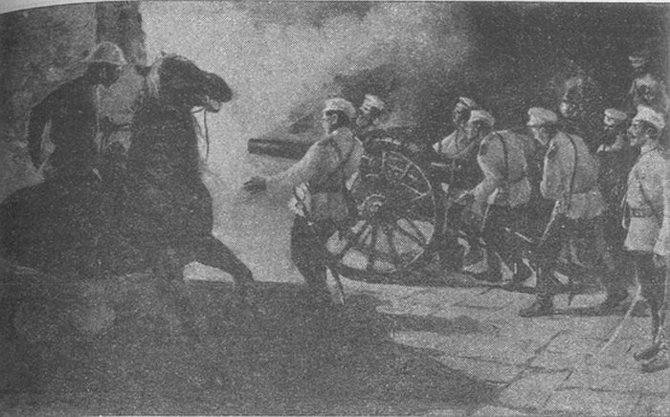 Wikipedia.org nuotr./Rusų artileristai atakuoja Pekino vartus 1900 m. Iliustracija iš to laikotarpio knygos.