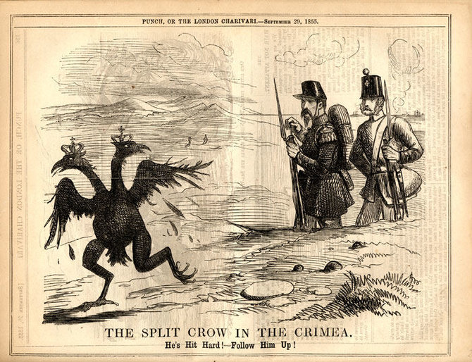 Wikipedia.org reprodukcija/Krymo karas: 1853 m. karikatūra iš britų satyrinio žurnalo „Punch“, kurioje vaizduojama, kaip britų ir prancūzų kariai stebi dvigalvę apipešiotą varną – aliuzija į Rusijos imperijos herbą.