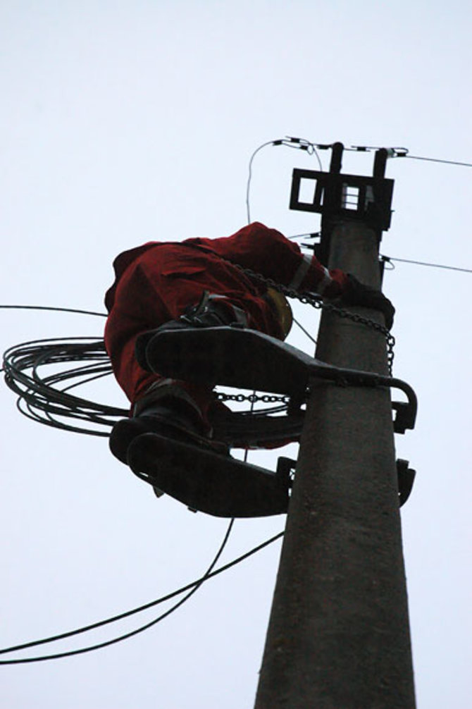 Andriaus Vaitkevičiaus / 15min nuotr./Į stulpą įlipęs elektrikas