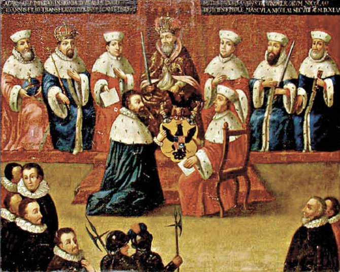 LDM nuotr. /Šventosios Romos imperijos kunigaikščio titulo suteikimas Mikalojui Radvilai Juodajam 1547 m.