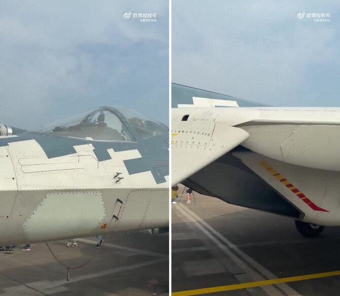 Stop kadras/Rusijos naikintuvas „Su-57“, pirmą kartą nusileido Kinijoje, kur buvo pristatytas Džuhajaus mieste vykstančioje parodoje„Airshow China 2024“.