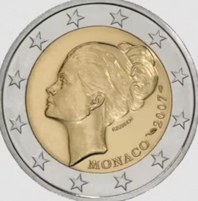 Monako 2 eurų proginė moneta, skirta princesei Grace Kelly.