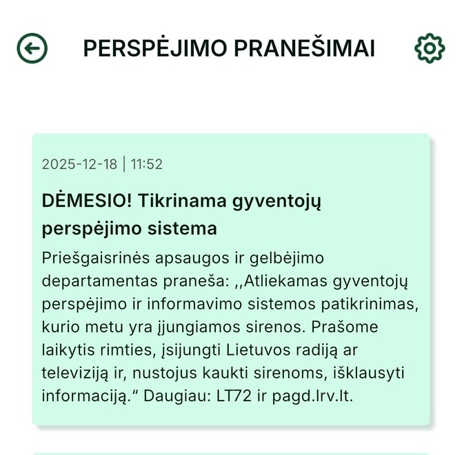 Ekrano nuotr./Mobiliosios programėlės LT72 vartotojams išsiųsto perspėjimo pranešimas