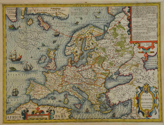 Valdovų rūmų muziejaus nuotr./Europos žemėlapis, J. Hondijus, Amsterdamas, apie 1620 m.