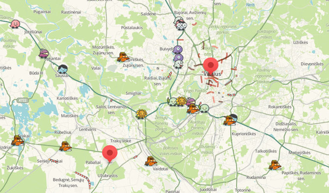 Waze nuotr./Starto ir finišo taškai „Waze“ žemėlapyje