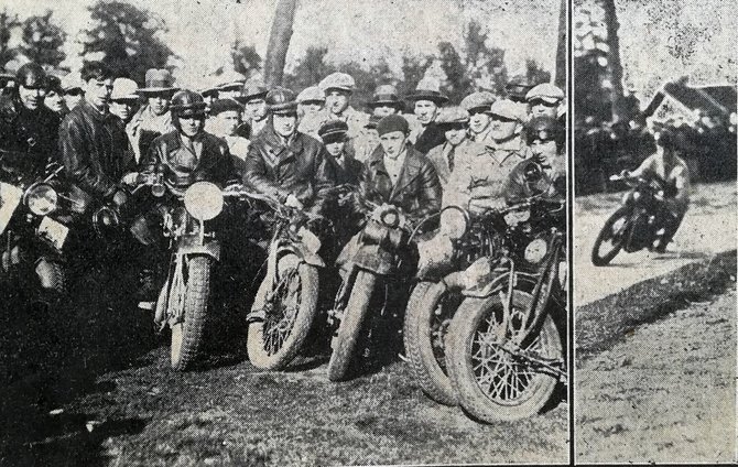 R.Žičkaus archyvo iliustr./Pirmų Lietuvoje motociklų treko lenktynių dalyviai. Startuoja Fridbergas su motociklu DKW. 1931 m. „Mūsų sportas“ Nr. 28.