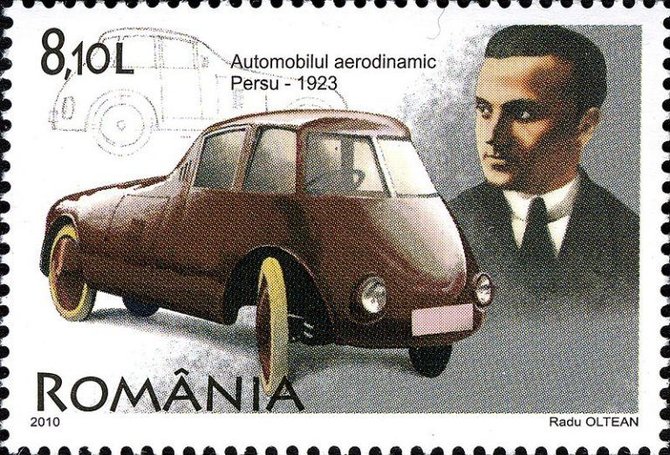 Aurelui Persu ir jo automobiliui skirtas 2010 metais išleistas pašto ženklas. (Post of Romania)