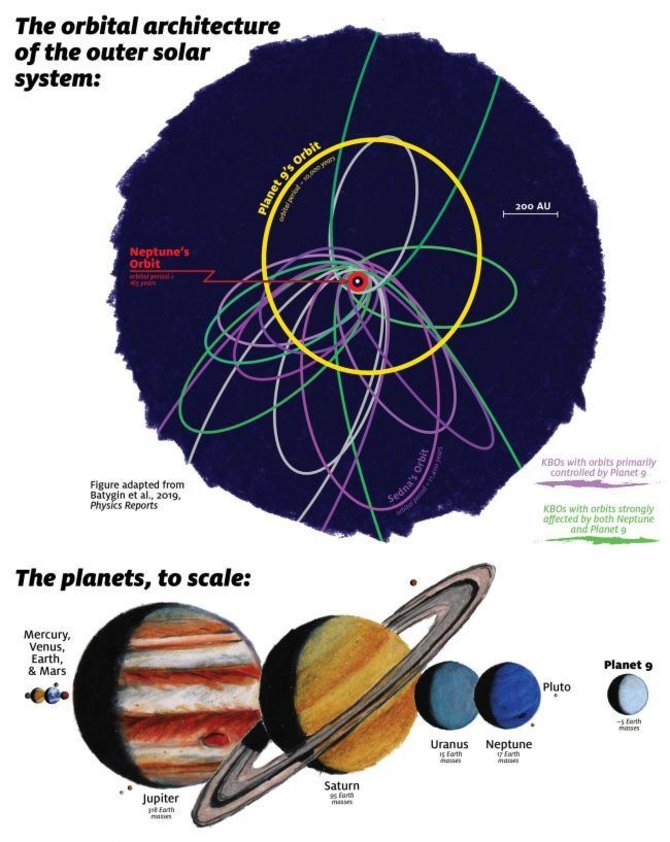 Tolimų Koiperio juostos objektų ir hipotetinės Devintosios planetos orbitos. Violetine spalva pavaizduotas orbitas labiausiai kontroliuoja Devintosios kplanetos gravitacija ir jų orbitos gan glaudžios. Žalias orbitas smarkiai veikia Neptūnas ir jos išsiskirsčiusios plačiau. Atnaujinti orbitų skaičia