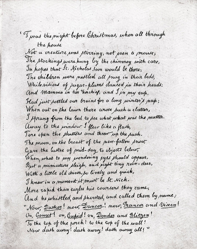 „Šv. Mikalojaus apsilankymas“, autoriaus rankraščio ištrauka su Kalėdų Senelio elnių vardais. (Clement Clarke Moore, Wikimedia)