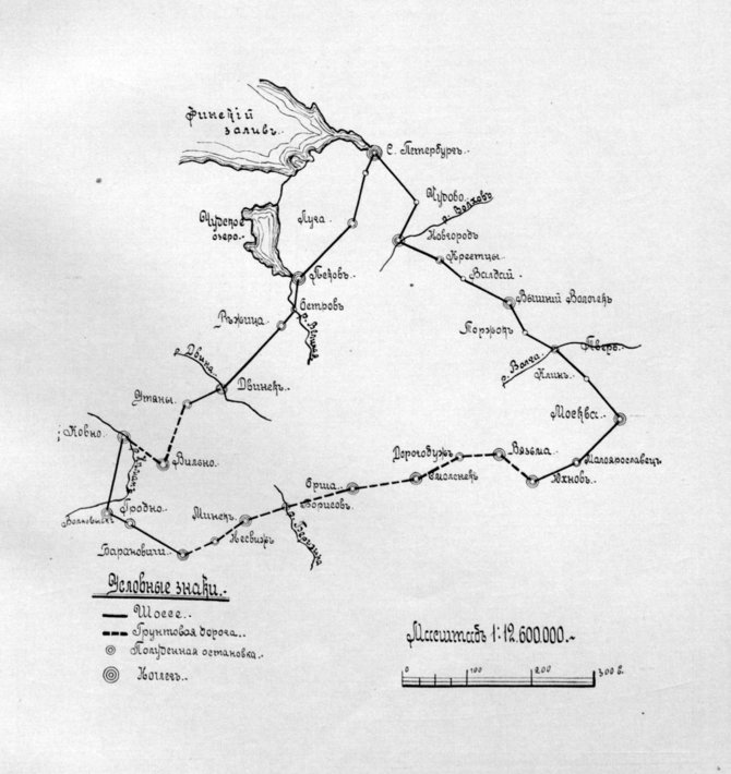 Ričardo Žičkaus archyvo nuotr./1912 m. lengvųjų automobilių bandomojo važiavimo maršrutas.