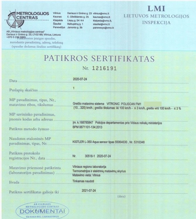 Lietuvos policijos FB nuotr./Metrologijos centro patikros sertifikatas