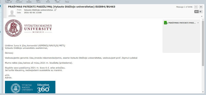 VDU nuotr./VDU vardu siunčiamo sukčių laiško pavyzdys