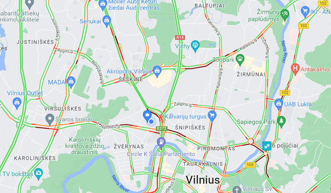 Maps Google nuotr./Eismo situacija Vilniuje antradienį, 17 val.