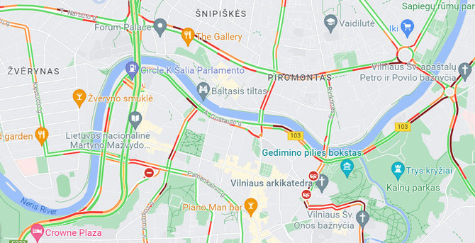 Maps Google nuotr./Eismo situacija Vilniuje pirmadienį 16 val.