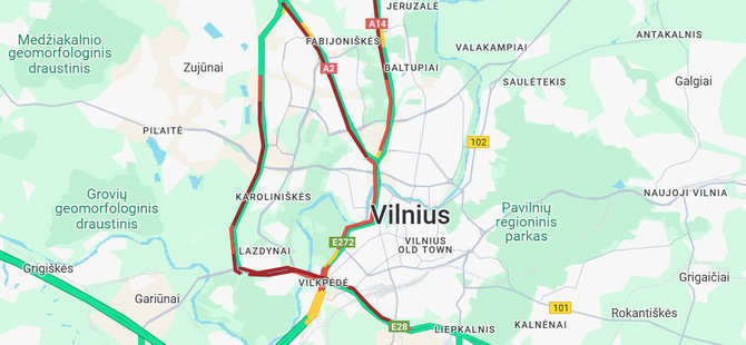 Google Maps nuotr./Spūstys Vilniuje pirmadienio rytą