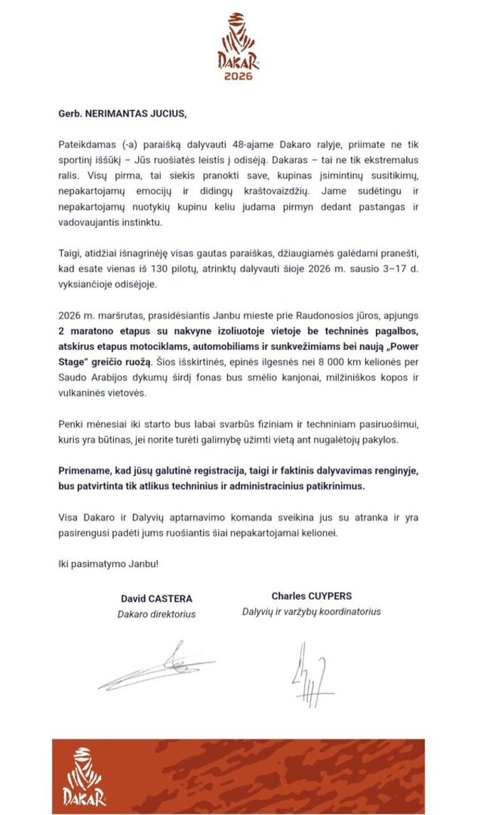 N.Juciaus asm. archyvo nuotr./Nerimantas Jucius sulaukė Dakaro organizatorių kvietimo