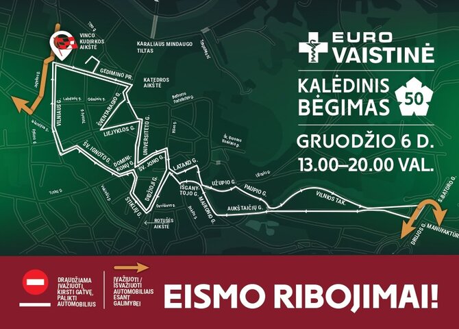 Savivaldybės nuotr./Eismo ribojimų schema kalėdinio bėgimo metu Vilniuje
