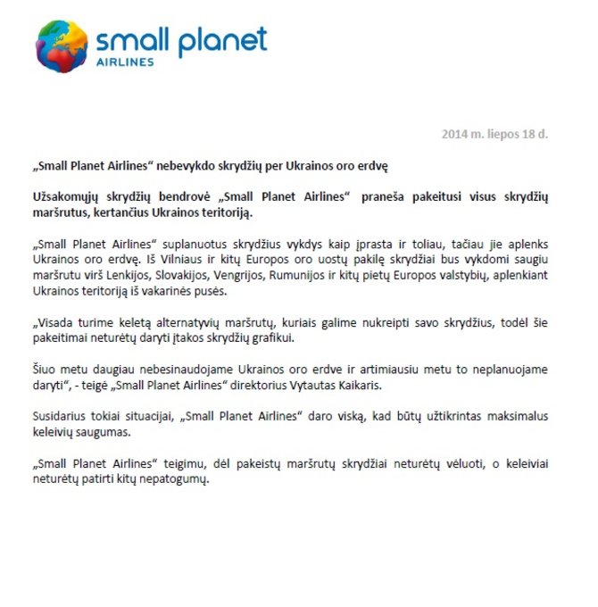 „Small Planet Airlines“ pranešimas