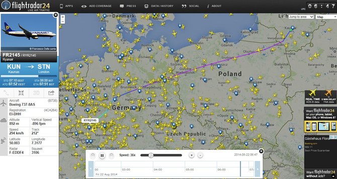 Flightradar24.lt/„Ryanair“ skrydis iš Kauno į Stanstedą per Frankfurtą