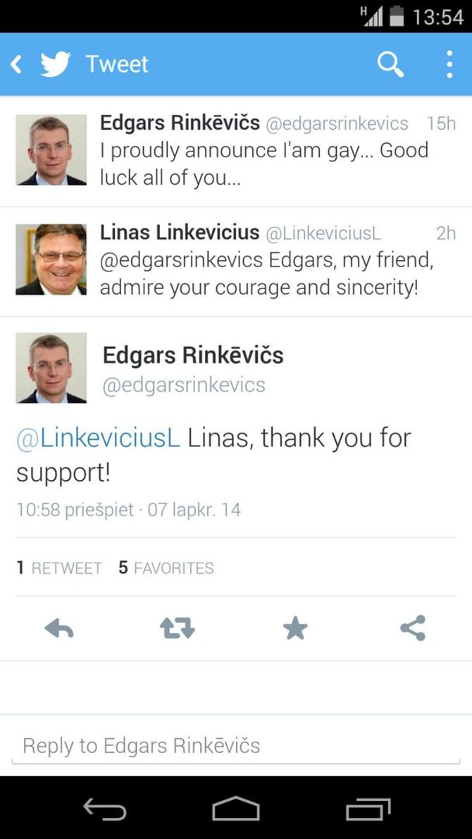 Latvijos užsienio reikalų ministras Edgaras Rinkevičius tinkle „Twitter“ pareiškė, kad yra gėjus. 