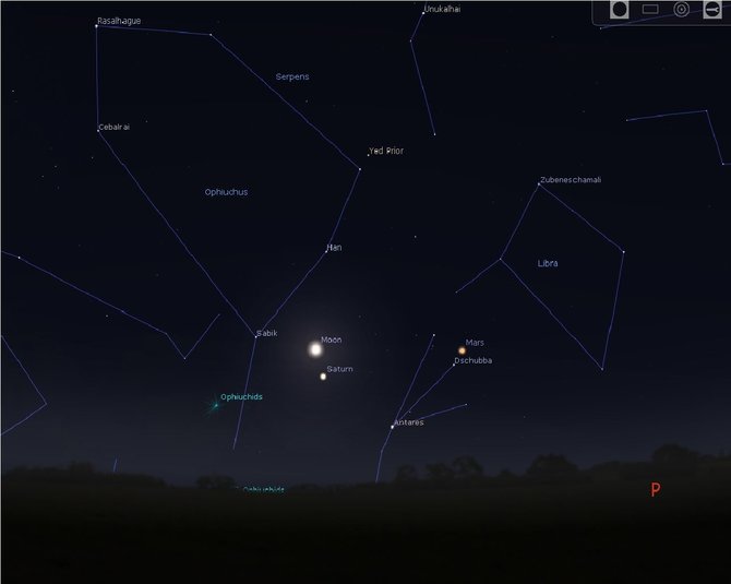 Stellarium programos simuliacija/Mėnulio, Saturno ir Marso suartėjimas gegužės 23 d. pusiaunaktį