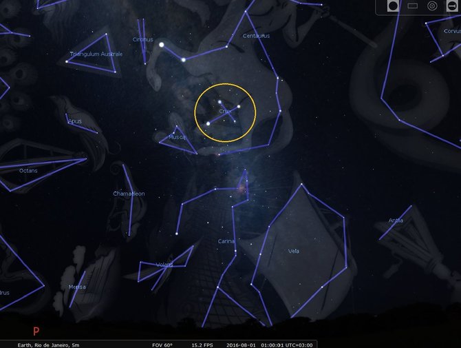 STELLARIUM programos simuliacija/Pietų Kryžiaus žvaigždynas virš Rio de Žaneiro rugpjūčio 1d. 1 val. nakties